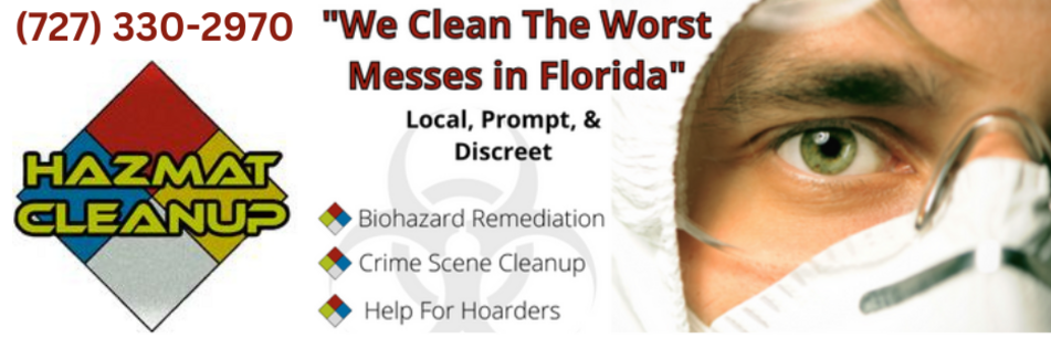 Hazmat Cleanup, LLC technician with Hazmat Cleaners logo and phone number for hoarding cleanup services in Pasco County (Port Richey, FL).
