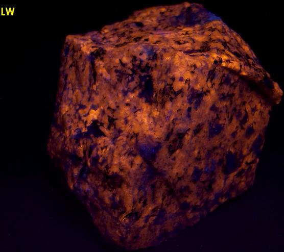 fluorescent SODALITE, ACMITE AEGIRINE - Poudrette quarry (Demix quarry; Uni-Mix quarry; Desourdy quarry; Carrière Mont Saint-Hilaire; MSH), Mont Saint-Hilaire, La Vallee-du-Richelieu RCM, Monteregie, Quebec, Canada