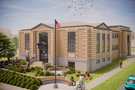 Rendering of renovated western lawn of Johnstown Public Library. Plants, benches, community members are featured.