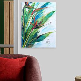 3 bird of paradise blooms with foliage. Abstract impressionism style.