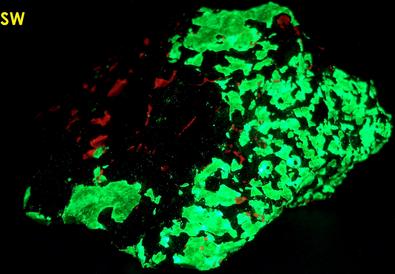 FRANKLINITE-MAGNETITE, fluorescent WILLEMITE, CALCITE - Sterling Mine, Sterling Hill, Ogdensburg, Franklin Mining District, Sussex County, New Jersey, USA - Franklinite type locality - sold