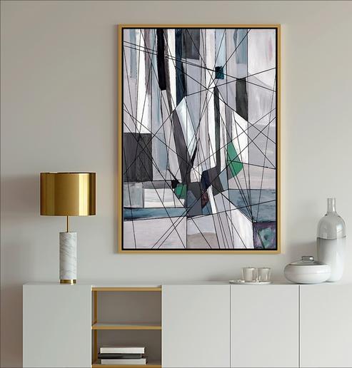 Blue Abstract Modern Art painting with geometric shapes in blue, light blue, gray, lavender and white with black lines from Dubois Art