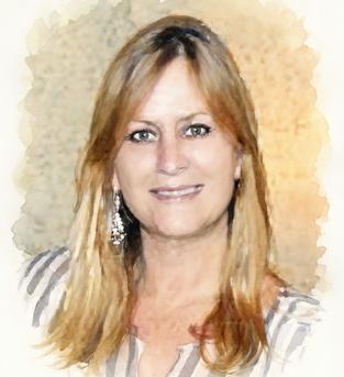 Watercolor portrait of CATS founder Ms. Sally Campbell, smiling with shoulder-length blonde hair and swide swept bangs, wearing long dangling earrings and a striped top. She has a warm, friendly smile and is looking directly at the viewer. The artwork features soft, blended watercolor washes in beige and light brown tones around her shoulders against a light background.