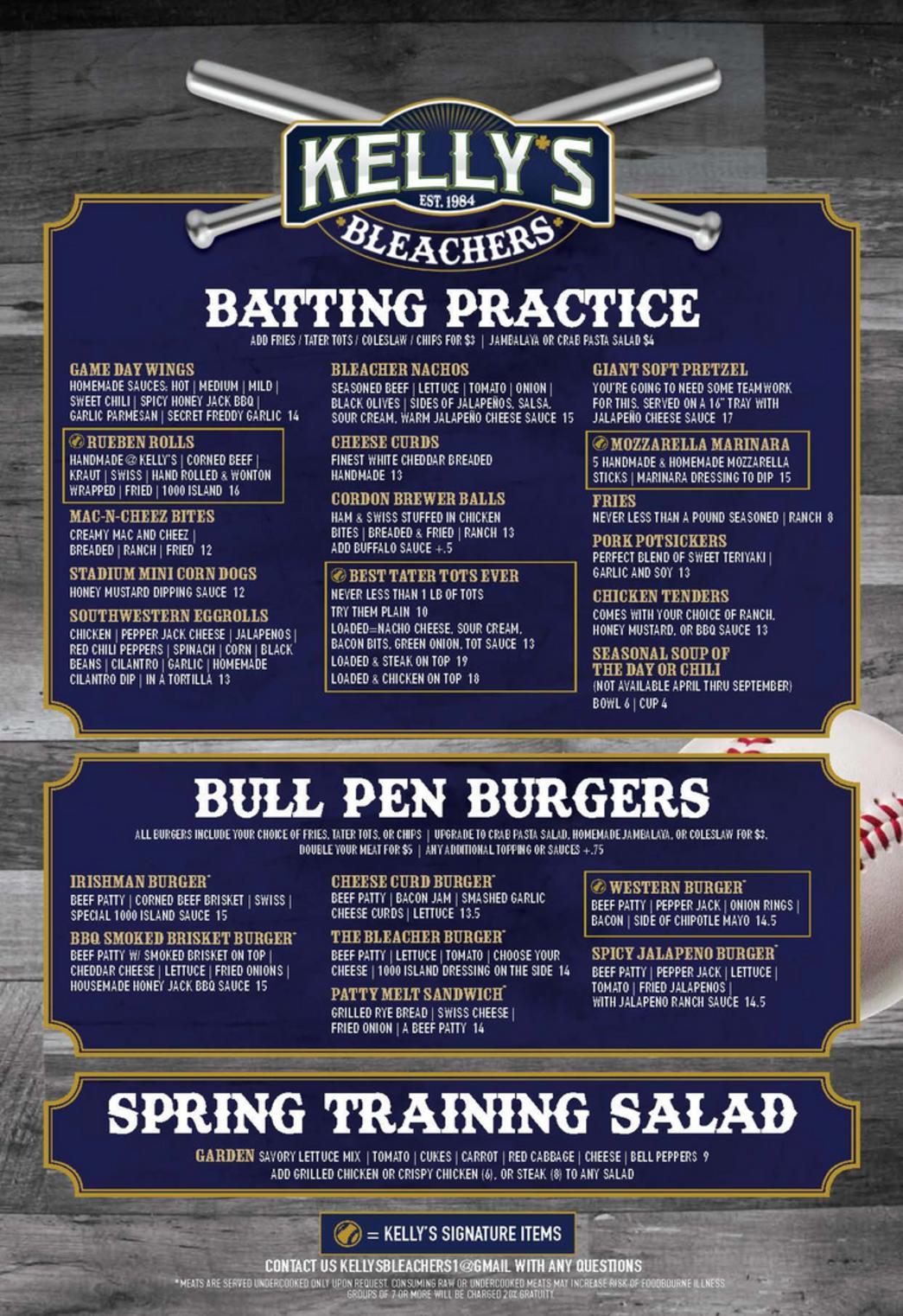 KELLY'S BLEACHERS MENU