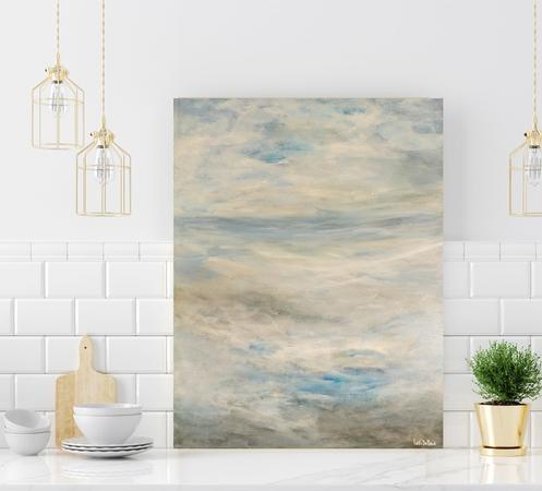 Blue Art ocean seascape in light blue and white which shows calm ocean water and clouds in the sky.