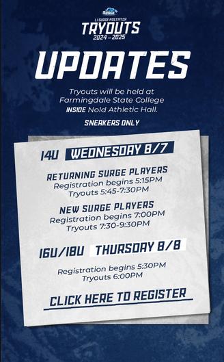 LI Surge Fastpitch Tryouts 2024-2025 Updates. Tryouts will be held at Farmingdale State College INSIDE Nold Athletic Hall. Sneakers Only! 14u Tryouts: Wednesday 8/7. Returning Surge Players: Registration begins 5:15pm, Tryouts at 5:45-7:30pm. 16u/18 Tryouts have been moved to Thursday 8/8. Registration begins 5:30pm, Tryouts start at 6pm. Click Here to Register