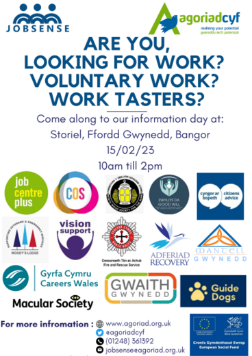 Are you looking for work? vouluntary work? work tasters? Come along to our information day at: Storiel, Ffordd Gwynedd, Bangor 15/02/23 10am till 2pm