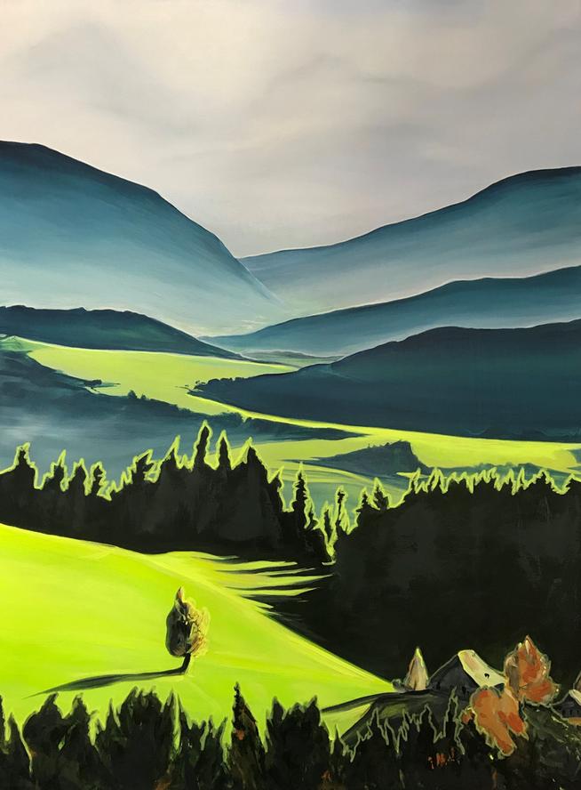 Green Valley by Orfhlaith Egan. Contemporary atmospheric neon landscape painting. Blue and green. Galway and Berlin.