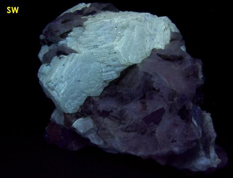 fluorescent SW LW Witherite, fluorite, calcite, sphalerite, Minerva No. 1 Mine, Ozark-Mahoning Group, Cave-in-Rock Sub-District, Illinois Kentucky Fluorspar District, Hardin County, Illinois