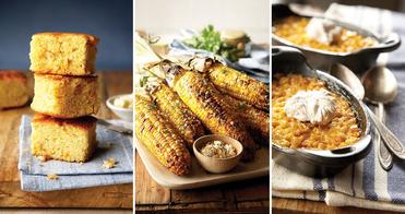 corn pudding, cornbread and roasted corn on cob