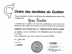 Diplôme Dr Yvan Tesolin Brossard-Laprairie