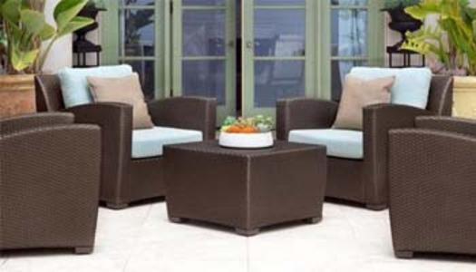 brown wicker brown jordan furniture with light blue cushions