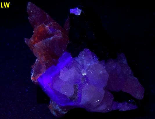 fluorescent CALCITE, FLUORITE, SPHALERITE, Cave-In-Rock (Minerva No. 1 Mine), Cave-in-Rock Sub-District, Illinois - Kentucky Fluorspar District, Hardin County, Illinois, USA