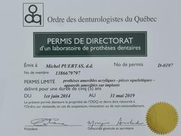 Permis de Directorat Michel Puertas Denturologiste Brossard-Laprairie