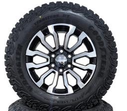 OE WHEELS CV35 GM REPLICA 6 LUG 18" GLOSS BLACK MACHINED FACE GMC AT4 WHEELS WITH BRAND NEW LT275/65R18 GOODYEAR WRANGLER TERRITORY MT LOAD C TIRES