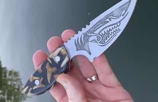 Shark themed custom knife with fossil shark teeth cast resin handles by www.bergknifemaking.com