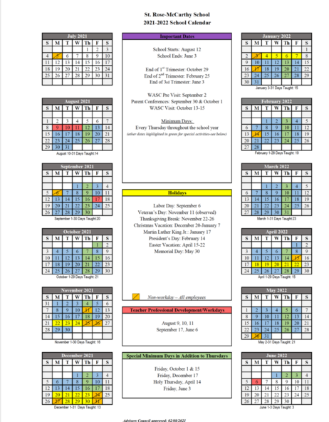 St. Rose-McCarthy Catholic School | School Calendars