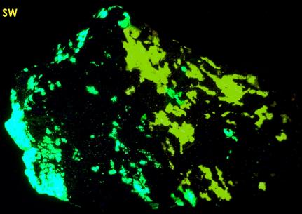 fluorescent ESPERITE, WILLEMITE, CLINOHEDRITE, FRANKLINITE, Franklin Mine, Franklin, Franklin Mining District, Sussex County, New Jersey, USA, type locality