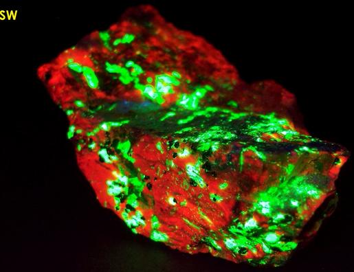 fluorescent CALCITE, WILLEMITE, SUSSEXITE, FRANKLINITE, SPHALERITE, ZINCITE - Sterling Mine, Sterling Hill, Ogdensburg, Franklin Mining District, Sussex County, New Jersey, USA - type locality