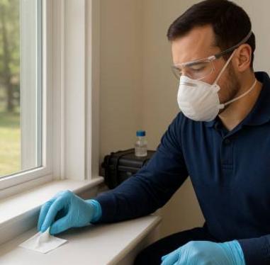 Certified technician performing dust wipe sampling on window surface for lead contamination testing