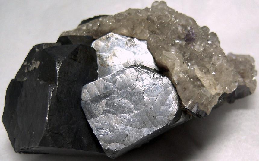 Galena, violet Fluorite, Calcite crystals, tabular Baryte, fluorescent - Cave-In-Rock, Cave-In-Rock Sub-District, Illinois-Kentucky Fluorspar District, Hardin County, Illinois, USA, ex Parker Minerals