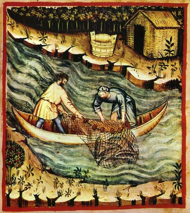 Ancent 14th century painting showing a man and woman hauling in a seine net from a wooden canoe boat