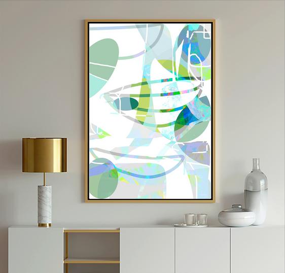 Blue Abstract Modern Art painting with geometric shapes in blue, light blue, gray, lavender and white with black lines from Dubois Art