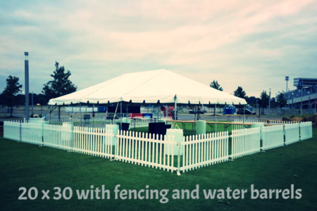 20 x 30 rental tent with white picket fencing