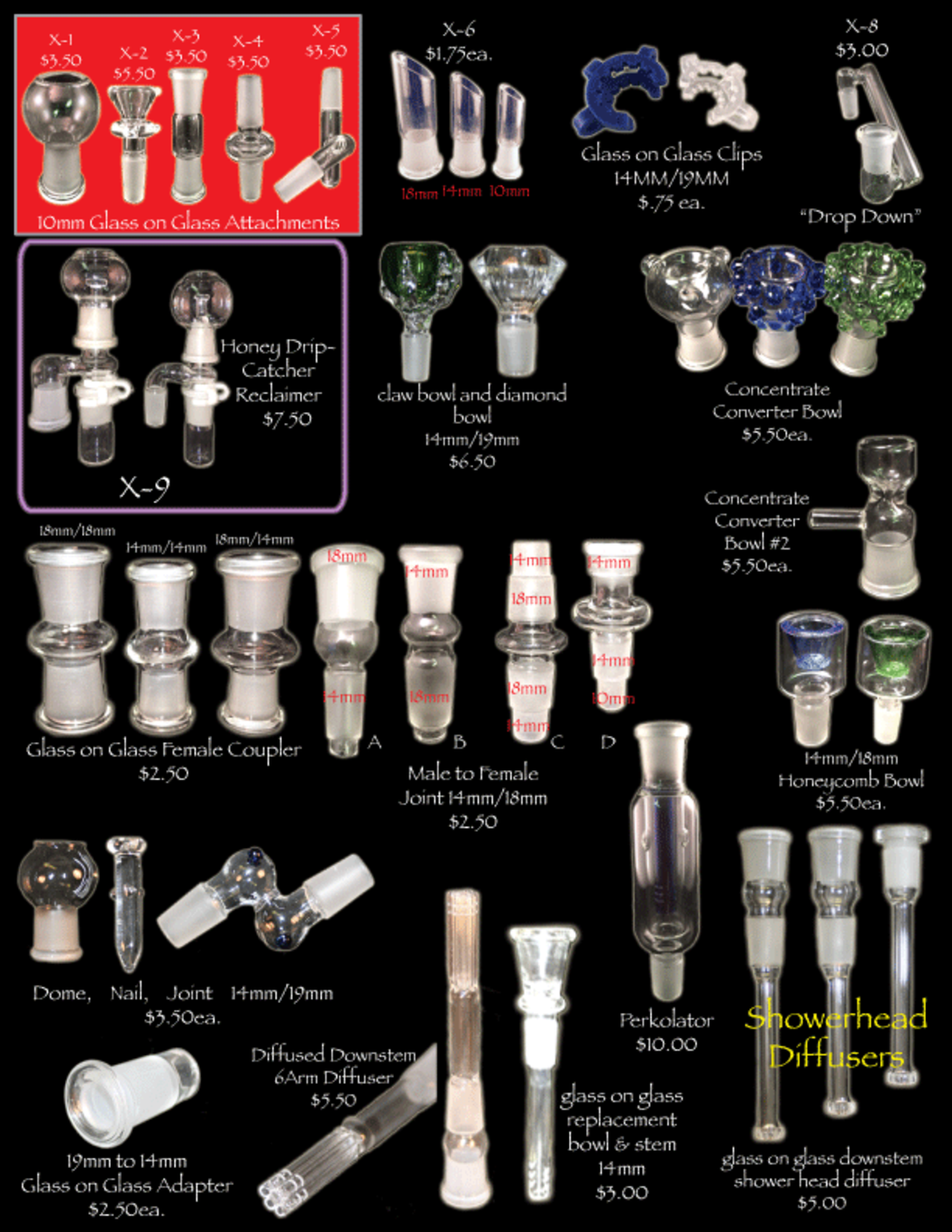 Glass Pipe Accessories, Bowls, Down Stems, Diffusers, Nails