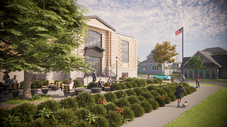 Rendering of renovated western lawn of Johnstown Public Library. Close-up view of new plantings and relocated flag pole.