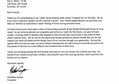 Ronald McDonald House Letter