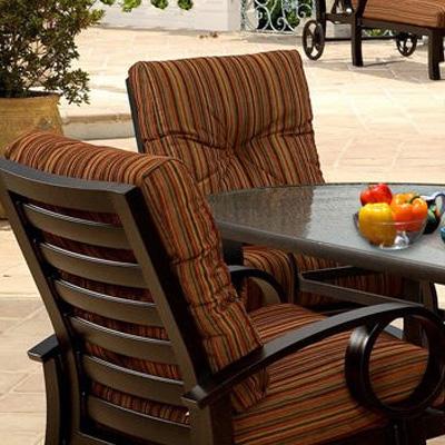 Mallin ecplise dining chairs with red and brown striped sunbrella cushions