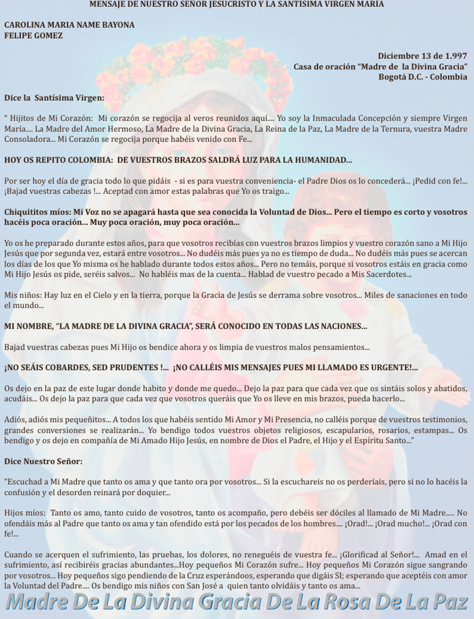DICIEMBRE 13 de 1997 Bogotá Colombia - mensaje de la virgen