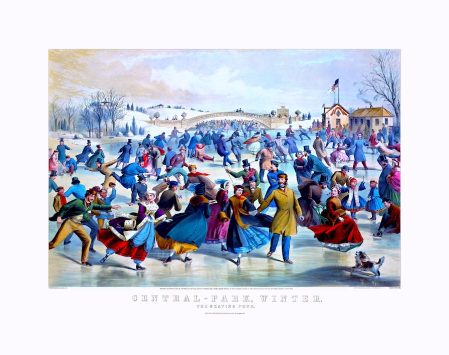 Central Park, Winter. The Skating Pond 1862 - Currier and Ives New York N.Y. - Archival Quality Restored Lithograph Reproduction - New York Archival Prints, Cooperstown N.Y.