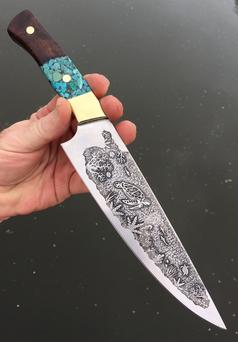 Sea Turtle Nautical Themed Chef Knife. How to easily create beautiful Metal Etching. Part of the complete online guide to knife making. www.DIYeasycrafts.com