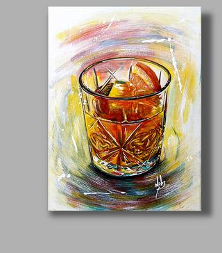old fashioned cocktail, whiskey cocktail, whiskey drink in glass, acrylic painting