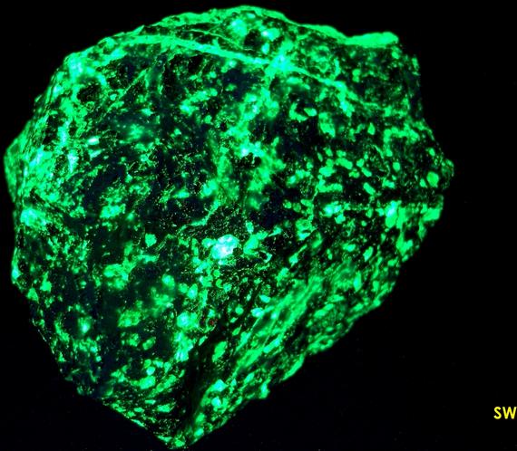 phosphorescent fluorescent WILLEMITE, HYDROZINCITE, CALCITE, ZINCITE, FRANKLINITE - Sterling Mine, Sterling Hill, Ogdensburg, Franklin Mining District, Sussex County, New Jersey, USA - Zincite and Franklinite type locality