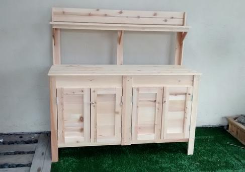 cedar potting bench with full cabinet, double doors, non locking cam.