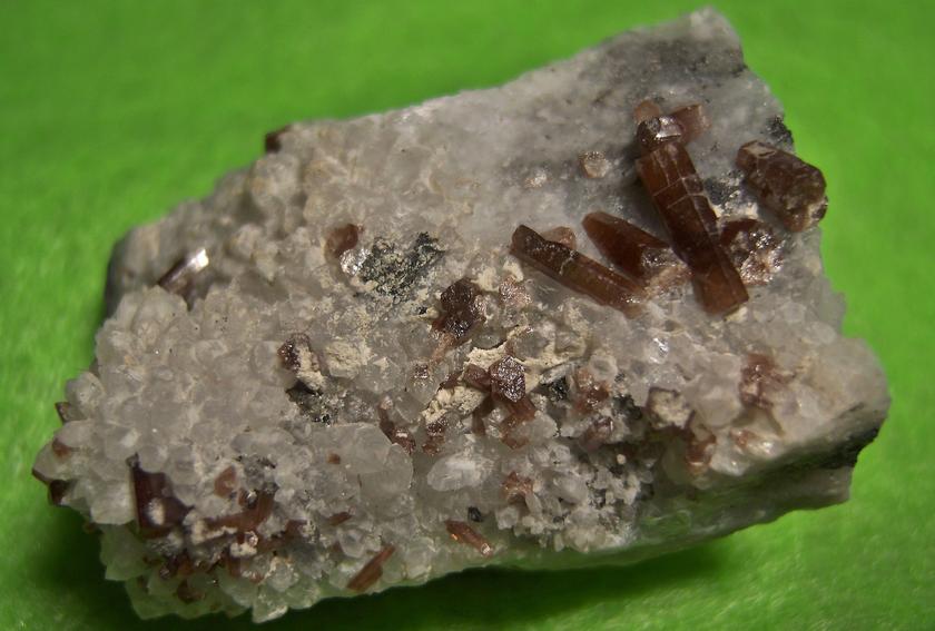 fluorescent brown Pyromorphite crystals, Quartz, golden Pyrite,Tetrahedrite, Level 200, Pcheloyad Mine (Pchelojad; Ptchelojad; Pcheloiad), Momchilgrad Obshtina, Kardzhali Oblast (Kurdzhali; Kărdžali; Kurdjali), Bulgaria