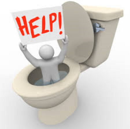 A toilet with a little guy holding up a "help" sign panicking about his sewage overflow in Tampa, FL.