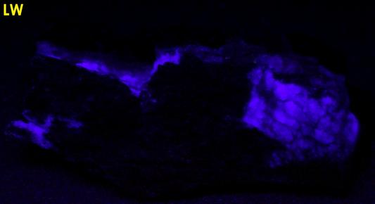fluorescing FLUORITE, CALCITE, PYRITE with MUSCOVITE - Thomaston Dam railroad cut, Thomaston, Litchfield County, Connecticut, USA