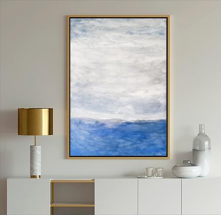 Blue Art ocean seascape in light blue and white which shows calm ocean water and clouds in the sky.