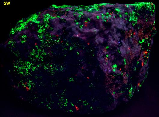 fluorescent MICROCLINE Amazonite, WILLEMITE, FLUORAPATITE, DIOPSIDE, ANDRADITE, QUARTZ, CALCITE - Franklin, Franklin Mining District, Sussex County, New Jersey, USA