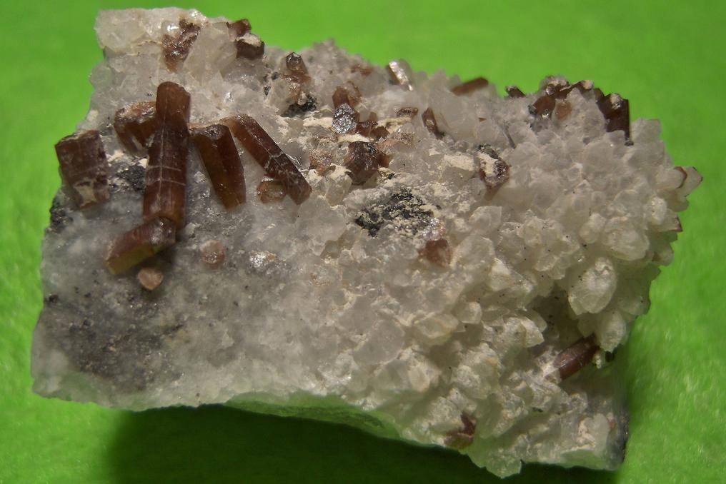 fluorescent brown Pyromorphite crystals, Quartz, golden Pyrite,Tetrahedrite, Level 200, Pcheloyad Mine (Pchelojad; Ptchelojad; Pcheloiad), Momchilgrad Obshtina, Kardzhali Oblast (Kurdzhali; Kărdžali; Kurdjali), Bulgaria