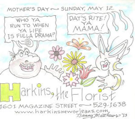 Hand-drawn color comic of Vic and Nat'ly by flowers saying "Who ya run to when ya life is fulla drama, dat's right! Ya mama!"