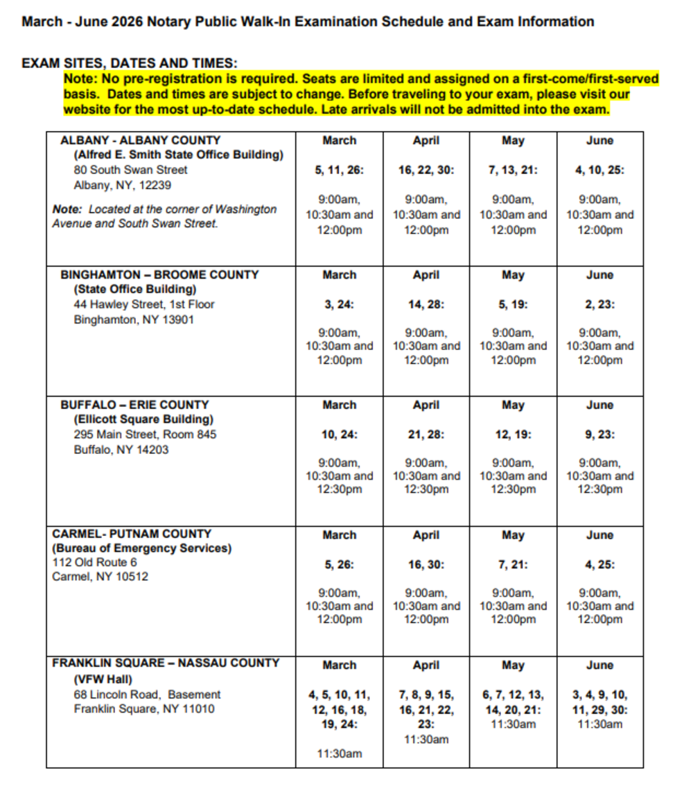 NY Notary Exam Schedules 2025