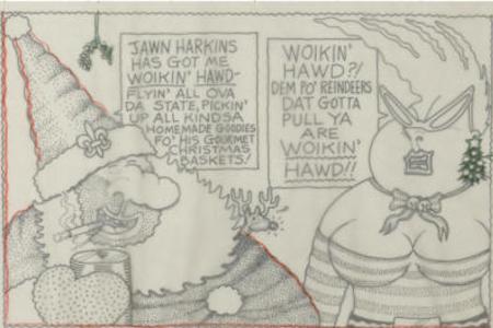 A hand-drawn cartoon of Vic as Santa and Nat'ly arguing whether he or the reindeer work harder getting holiday basket fixings