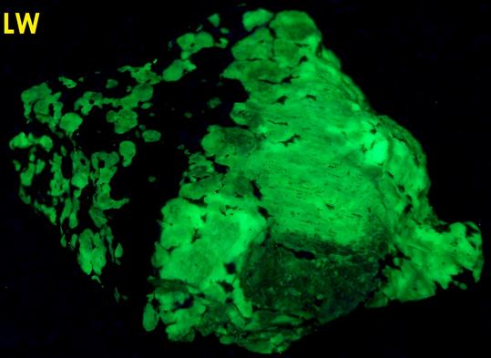 SW LW fluorescent Willemite, red Zincite, black Franklinite - Franklin Mine, Franklin, Franklin Mining District, Sussex County, New Jersey, USA - type locality