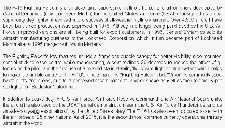 wiki background for 4D model of General Dynamics F-16 Fighting Falcon