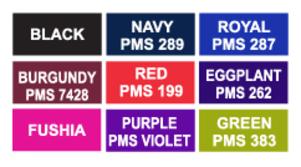 color swatch for fitted tablecloths- black, navy PMS 289, Royal PMS 287, Burgundy PMS 7428, Red PMS 199, Eggplant PMS 262, Fushia, Purple PMS Violet, Green PMS 383